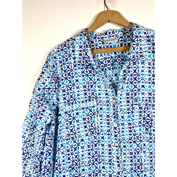 Catherines Top Size 1X Button Up Blue & White Print Coastal Beachy Blouse Mature - Picture 4 of 14